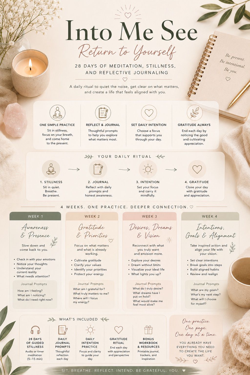 Into Me See — Return to Yourself: a 28-day meditation, stillness and reflective journaling program by Grecelle